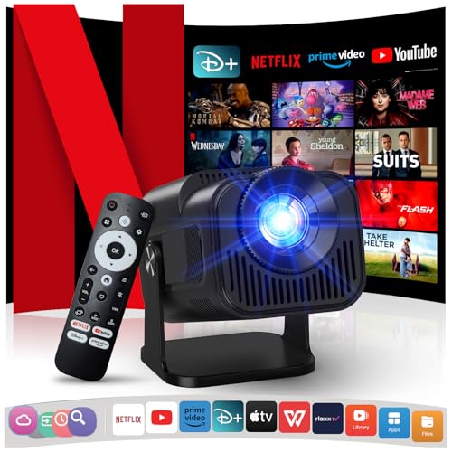[Netflix oficial/Dolby Audio] Projetor com WiFi e Bluetooth, 1080P nativo mini projetor portátil, One-Click Use Netflix/Youtube/PrimeVideo/D integrado, Smart Home Outdoor Projetor preto
