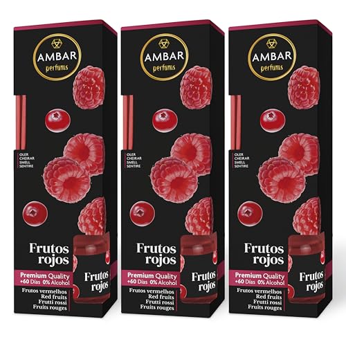 Ambar Perfums Ambientador Mikado frutos vermelhos. Ambientador de varetas de 0% álcool, + 60 dias de duração. (Pacote de 3 unidades. x 45 ml)
