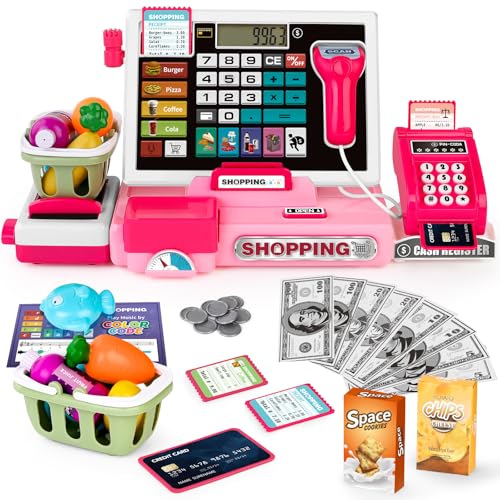 maysida Caixa registadora para crianças, brinquedo, para crianças, com calculadora real, caixa registadora com scanner/cartão de crédito/dinheiro de brinquedo / alimentos, rosa