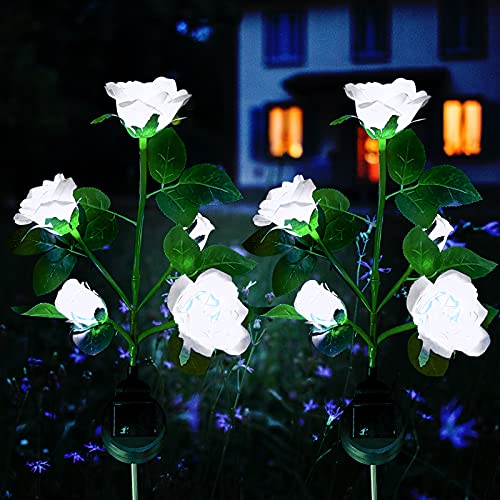Luzes solares exterior jardim, XVZ candeeiros decorativos LED rosas solares, impermeável candeeiro solar com flor maior e painel solar mais largo, para jardim relvado terraço caminho (branco 2