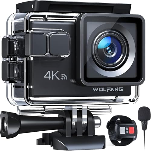 WOLFANG Câmara desportiva GA100 4K 30FPS, câmara de vídeo com capacete Wi-Fi de 20 MP com EIS anti-vibração, câmara subaquática de mergulho 40 m com microfone duplo, controlo remoto, 2 baterias,