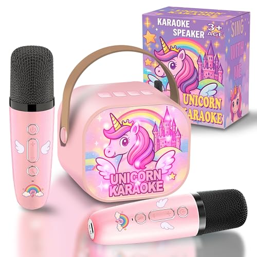GirliGlee Karaoke Infantil Unicórnio, Karaoke microfone para menina, conjunto de karaokê com 2 microfones sem fios Bluetooth, brinquedo musical para meninas de 3 a 12 anos, presente ideal para