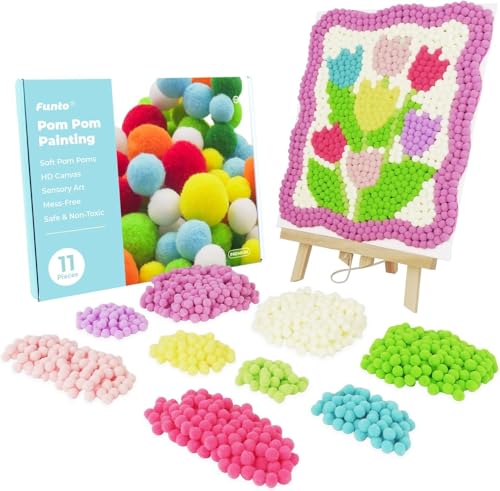 Funto Kit de arte de pintura com pompons de tulipas, 1100 pompoms, tela e cavalete resistente para a decoração da casa, kit de artesanato perfeito para iniciantes.