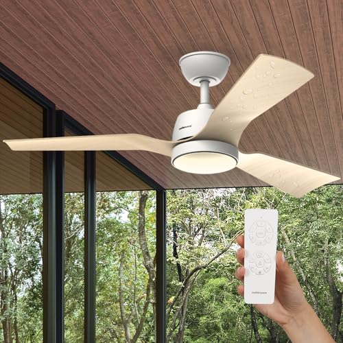 Mellerware - Ventoinha de teto exterior com luz Brizy Bright Outdoor 45W | IP24 | ultra silencioso, 6 velocidades, função verão e inverno, 3 pás, temporizador, LED, controlo remoto
