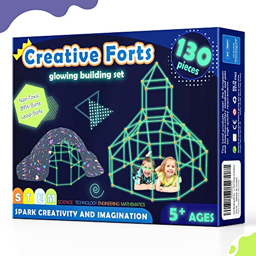 Tiny Land Kit de construção fortes crianças - brilha no escuro, 130 peças Creative Fort Toy para meninos e meninas de 5 anos, brinquedos de construção Stem, DIY Kit castelos túneis