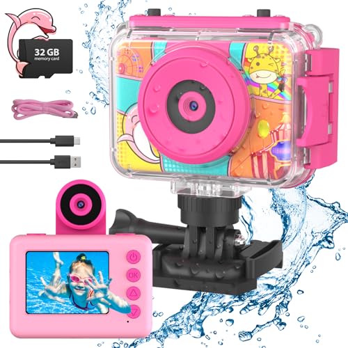 CHAKEYAKE Câmara com fotos infantis, câmara com fotos crianças Selfie com lente reversível, 180, 1080 P, câmara de infância impermeável para exteriores com cartão SD de 32 GB, brinquedo de câmara para