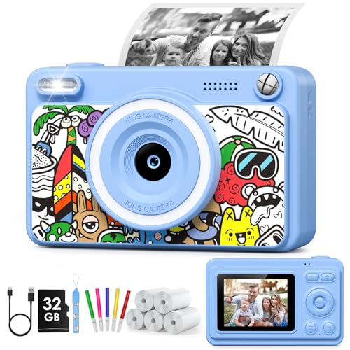GREENKINDER Câmara fotos infantis instantâneas, HD/1080P câmara instantânea para crianças com cartão de 32 GB e 5 rolos de papel térmico, câmara fotos infantis presentes de brinquedo para crianças de