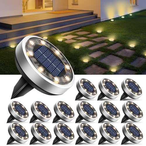 btfarm 16 Pacotes de luzes solares LED para exteriores, jardim, chão, 8 LED luz solar exterior e jardim, IP65, candeeiros solares exteriores e jardim, caminho, relva, pátio (branco quente)