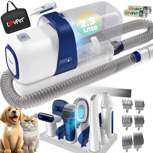 KESSER® Máquina de cortar pelo para cães com aspirador | Silenciosa com bateria | Conjunto de cuidados para animais de estimação com acessórios 7 em 1, com depósito de 2,3 litros e 7 ferramentas de