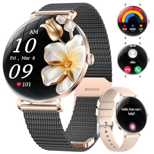 ESFOE Smartwatch mulher, 1,43'' Curva AMOLED relógio inteligente mulher com chamada Bluetooth, função feminina/24H pulso / sonho/120 modo desporto/IP68 podómetro calorias iOS Android, preto ouro malha