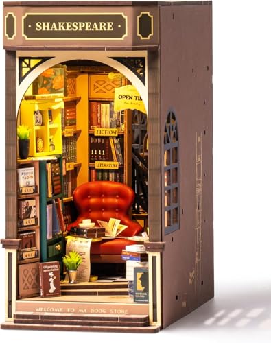 ROBOTIME DIY Book Nook Kit, Booknook Casa de bonecas em miniatura de madeira com móveis e luzes LED, decoração de casa presentes natalícios - livraria Shakespeare