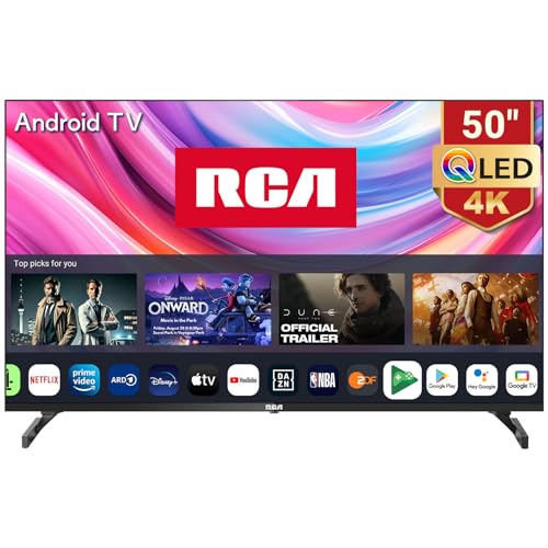 RCA TV de 50 polegadas QLED UHD 4K Smart televisores Android HDR com tecnologia Quantum Dot, Google Assistant, WiFi, Bluetooth, DVB-T/T2-C-S/S2, áudio Dolby RAQ50UN1