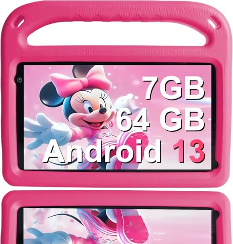 GOODTEL Tablet crianças Android 13 7 GB RAM + 64 GB ROM, tablet para crianças de 7 polegadas, WiFi, Bluetooth 5, educação + jogos, câmara dupla, controlo parental, com EVA capa (rosa)