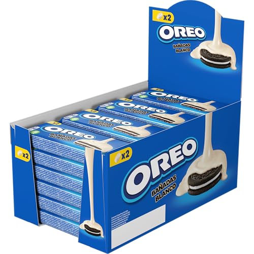 Oreo Banhadas bolachas de cacau recheadas com creme sabor baunilha e capas de chocolate branco 41 g, pack de 24