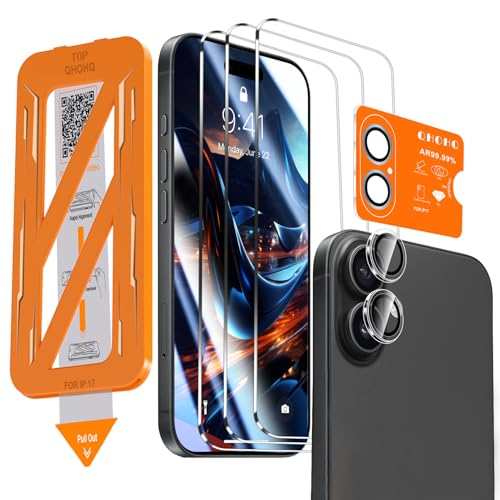 QHOHQ 3 peças protetor de ecrã para iPhone 17 1 conjunto protetor de câmera, top 9H vidro temperado, [12 pés proteção militar anti-impactos], instalação automática 1s, capa compatível