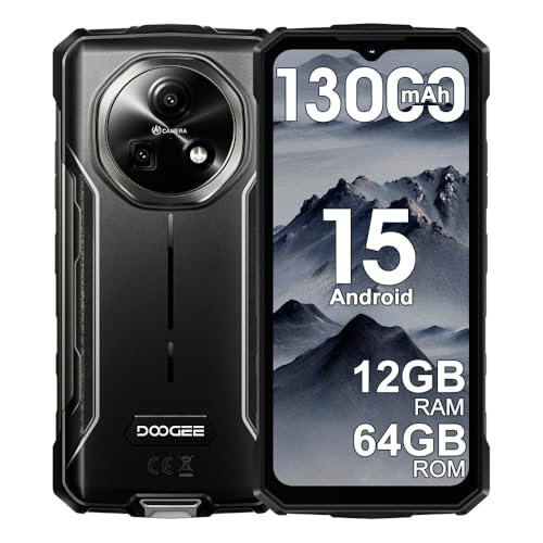 DOOGEE Fire 5 telemóvel resistente 4G, 13000 mAh 10 W, Android 15 telemóvel inquebrável, 6,6" HD + 90Hz, 16 MP + 8 MP AI câmara, 12 GB + 64 GB/2 TB, IP68/NFC/OTG/3 Slot/Face ID. / GPS (preto) )