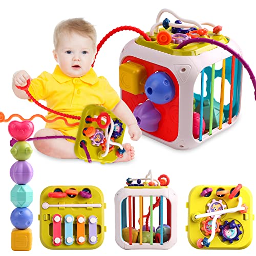 Kqpoinw 7 em 1 cubo de atividades montessori, brinquedo Montessori a partir do bebé, brinquedos crianças, classificador de formas, para a partir de 12 meses meninos e meninas