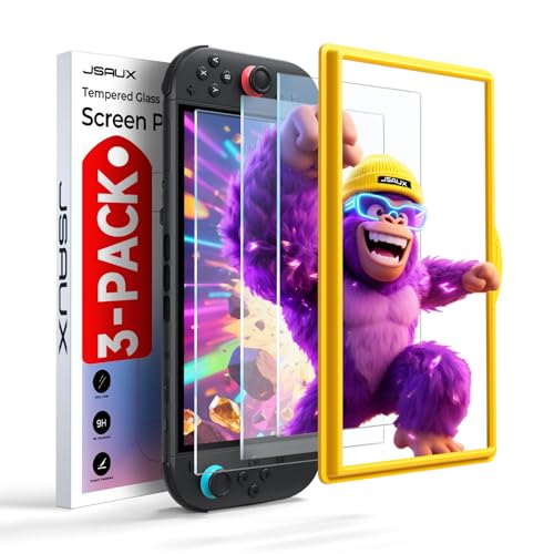 JSAUX 3-Pack Protetor de ecrã para Nintendo Switch 2 2025, ultra HD, dureza 9H, resistente a riscos, cobertura completa de ecrã, instalação fácil com moldura de montagem, acessórios de proteção