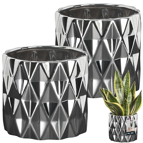KOTARBAU® 2 x Vasos de cerâmica de 120 mm, prateados, vasos decorativos para flores e plantas, vaso cilíndrico, design geométrico e minimalista, cerâmica esmaltada brilhante, vaso, 2 unidades