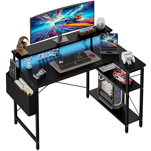 Grandder 100 cm, mesa L com luzes LED e tomadas, mesa de jogo com 2 prateleiras, mesa de computador com suporte para monitor, Home Office, preto carvão