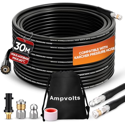 Ampvolts 30 m desbloqueador de tubos de pressão - 400 bar/5800 PSI, compatível com hidrolimpadoras Karcher K2 K3 K4 K5 K6 K7 - limpa facilmente tubos e drenagem entupidos