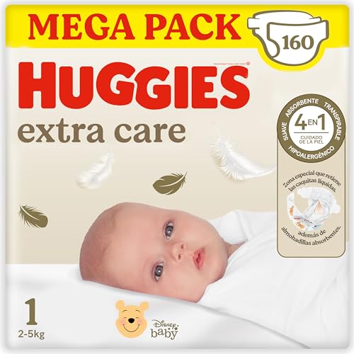 Huggies Fraldas extra cuidadas para recém-nascido com desenhos Disney tamanho 1 (2 - 5 kg), 160 fraldas, com almofadas macias e 2 zonas absorventes