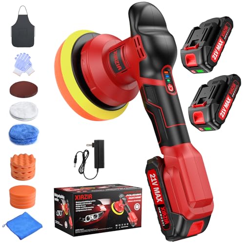 XIAZIR Polidor de buffer sem fios de 6 polegadas com 2 baterias de lítio de 21 V 2000 mAh e 19 acessórios para carro, 3 velocidades variáveis de 6000 rpm (vermelho)