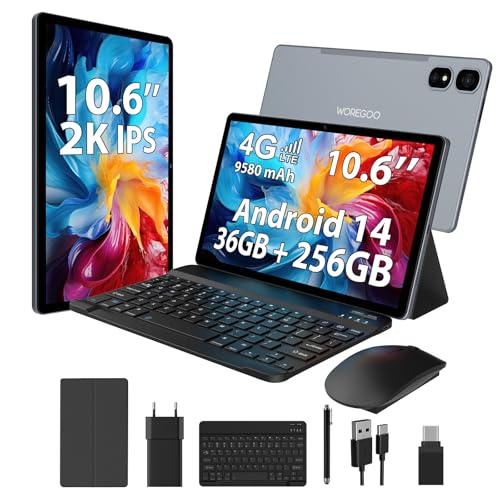 WOREGOO 10,6 polegadas Android 14 Tablet, 4G LTE e 5G WiFi, 2,0 GHz Octa-Core, 36 GB RAM+256 GB ROM (1TB TF), 2K 2000 x 1200 FHD Display, GMS/GPS/8 +13 MP/B/B/B/B/B/B. bateria 9588 0 mAh com teclado +