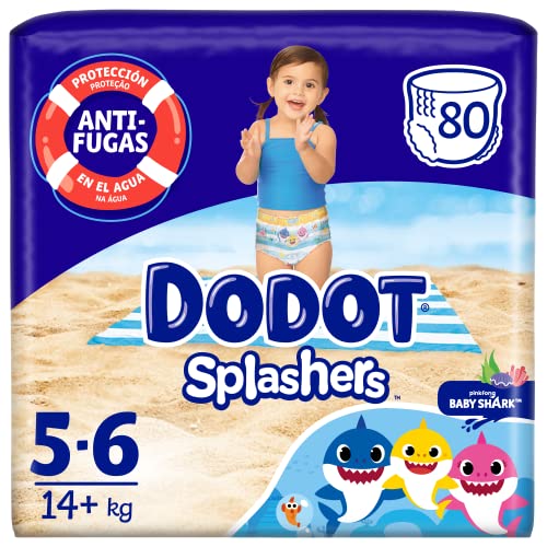Dodot Fraldas bebé Splashers Baby Shark, tamanho 5-6 (14 kg), 80 fraldas, fatos de banho descartáveis, proteção contra fugas na água