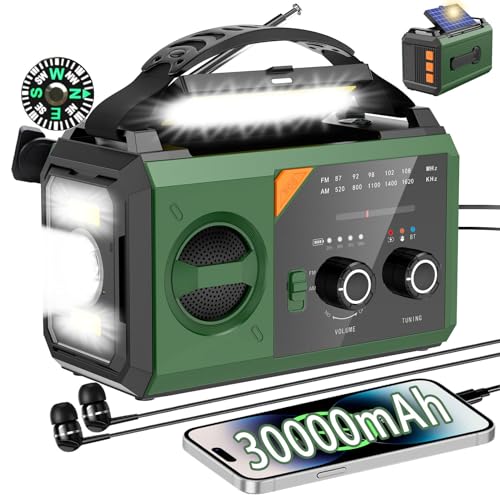 Bluetooth solar rádio de emergência com manivela, AM/FM 3 métodos de carregamento 8 em 1 rádio portátil de emergência, SOS, lanterna, bússola, candeeiro de leitura, tomada de auriculares