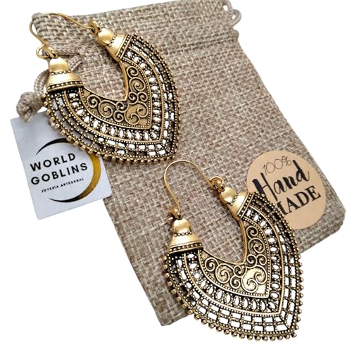 Pendientes Dorados Estilo Bohemio Vintage Chapados en Oro 14K | Aretes Diseño Geométrico Árabe Hueco, Bohemio Occidental Vintage | Joyería Artesanal Hecha en Córdoba. Regalo Original