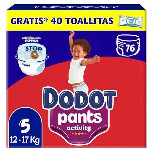 Dodot Activity Pants Fralda-cuecas tamanho 5, 76 fraldas, 12 kg - 17 kg, com barreira STOP fugas que ajuda a evitar fugas traseiras