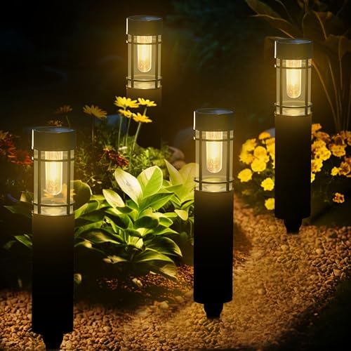 Kimuwote Luzes solares LED para exterior e jardim, 4 peças candeeiro exterior IP65 impermeável branco quente para relva, pátio, caminho, degrau, paisagem