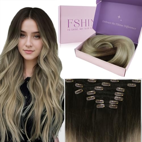 Fshine Extensões de cabelo com clipe de cabelo humano castanho que desaparece a loiro cinza e loiro platina 14" Remy clipe de cabelo humano cabelo liso e grosso 120 g 7 peças cor 2 18 60