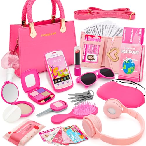 Mala para meninas com acessórios e brinquedos de maquilhagem - maquilhagem falsa para crianças, auriculares, carteira, telefone, óculos de sol, chaves, cartões de crédito, presente de aniversário para