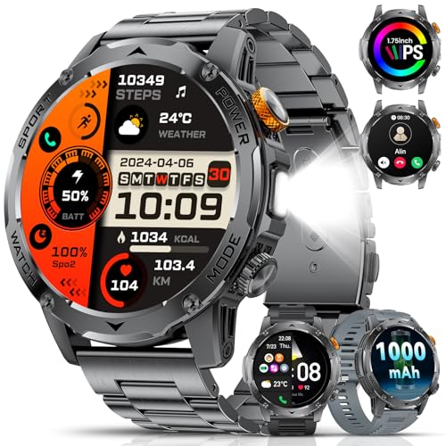 ESFOE Relógio inteligente homem militar 1000 mAh/LED lanterna/5ATM impermeável/3 correias/1,75" HD Smartwatch homem com chamadas, 120 modos desportivos pulso pulso atividade Android iOS
