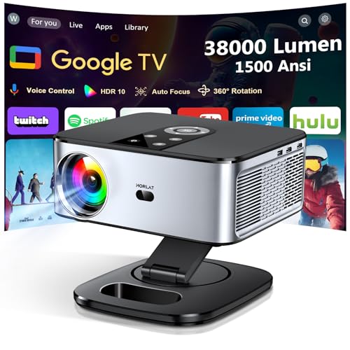 Projetor de 4K 【1500 ANSI/Google TV/Auto Focus】 Projetor Horlat 38000 lúmenes Full HD 1080P, nativo, foco automático, correção e evitação, WiFi6 e Bluetooth 5.2, controlo de voz projetor em C. Alça