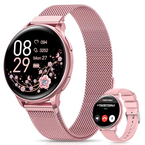 Sanorum Relógio inteligente mulher com chamadas, 1,27'' Smartwatch mulher função feminina, 120 modos desportivos, 24H pulsómetro, SpO2, monitor de sonho, podómetro, calorias, IP68 iOS Android rosa