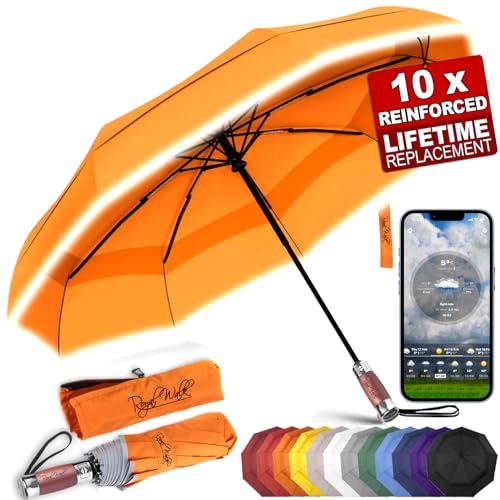 Royal Walk Guarda-chuva dobrável antivento para homem e mulher abertura e fecho automático, compacto e forte, cabo de madeira real de luxo, guarda-chuva resistente ao vento refletor com tampa dupla