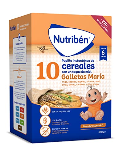 Nutribén 10 cereais com um toque de mel e bolachas, Maria, vitaminas e cálcio, alimentos para bebés a partir de 6 meses, com lúten, sem óleo de palma, 600 g