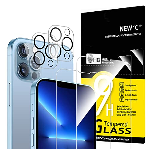 NEW'C 4 pacotes, 2 x protetor de ecrã para iPhone 13 Pro Max e 2 x protetor de ecrã protetor de lente de câmera, vidro temperado - anti-riscos, ultra resistente - vidro dureza 9H