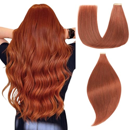 Einbeauty Extensões de cabelo natural 20 peças de extensões adesivas 55 cm 50 g castanho avermelhado escuro extensões adesivas cabelo natural humano (22 polegadas, 33 N#)