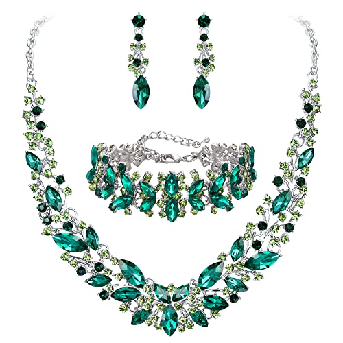 Clearine Jogos de jóias de mulher casamento nupcial colar brincos pulseira conjunto de jóias cristal marquesa de rato, cor verde prateado - tom, Prata Strass Ouro