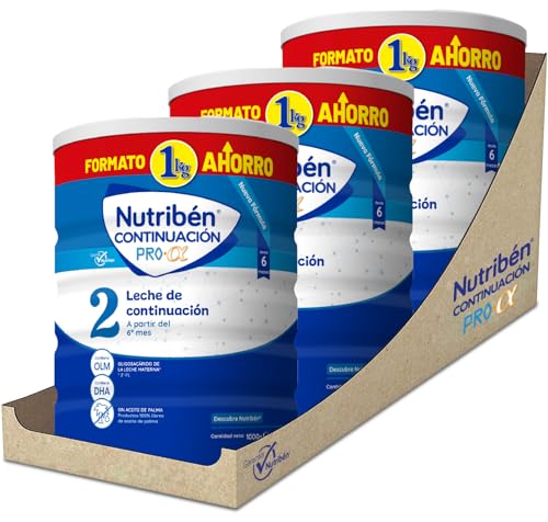 Nutribén Continuação Pro Alfa 2 - Continuação de leite em pó para bebé - leite de fórmula a partir dos 6 meses - sem óleo de palma - com ácido doseador incluído - com DHA e OLM, 3 frascos de 1 kg