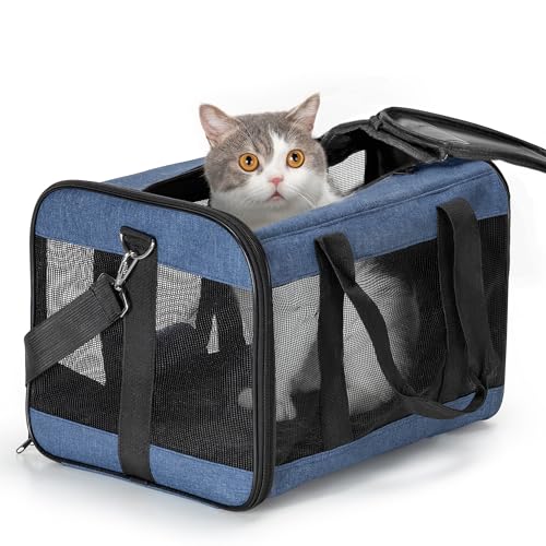 Conlun Transporte para gatos aprovado, transporte de cão macio com trela interior, para gatos e cachorros até 7 kg, mala de viagem dobrável - azul, M
