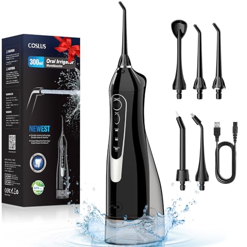 COSLUS Irrigador bucal portátil Flosser: 300 ml irrigador dental sem fios de rega para limpeza dentária duplo jato de água IPX7 impermeável limpeza dentes para casa casa casa de banho e viagens preto