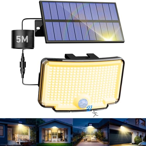 nipify Focos LED exteriores solares, luz solar com sensor de movimento, 318 LEDs/3 modos, impermeável potente candeeiro solar para jardim, garagens, caminhos, 1 embalagem branco quente