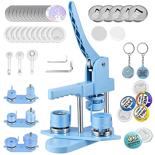 Máquina de crachás de Button Maker Machine 25 32 + 58 mm, 300 conjuntos de crachás de plástico, zimiking com 10 abre-garrafas , 10 conjuntos de porta-chaves, moldes e cortador de papel redondo (azul)