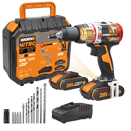 Broca Worx WX354.1 de 20 V, motor sem escovas, PowerShare, mecanismo de impacto ativo, configurações de torque de 18 + 1 + 1, brocas de alvenaria de 8 mm
