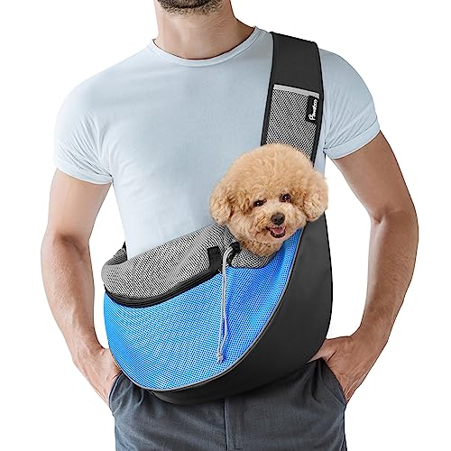 Pawaboo Mala de tiracolo para cães, bolsa portátil para animais de estimação com trela ajustável e bolsos, mala de mensageiro respirável confortável com para cachorros gatinhos para viajar, M, azul